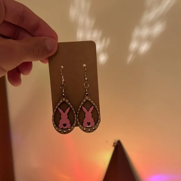 Handmade Pink Bunny Polka Dot Wooden Teardrop Dangle Earrings Easter Spring - Picture 8 of 9